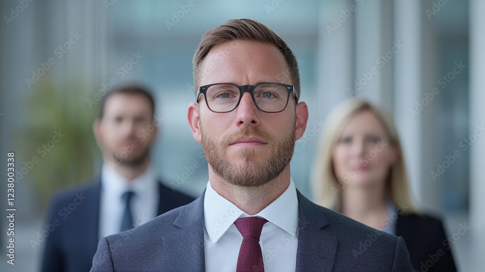 Confident businessman leads team in office Confident businessman leads team in office