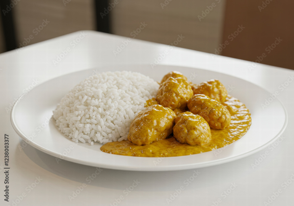 Vibrant Curry Chicken with Tender Rice, Presented on a Plate in a Side View with a Soft Tablecloth Backdrop Vibrant Curry Chicken with Tender Rice, Presented on a Plate in a Side View with a Soft Tablecloth Backdrop