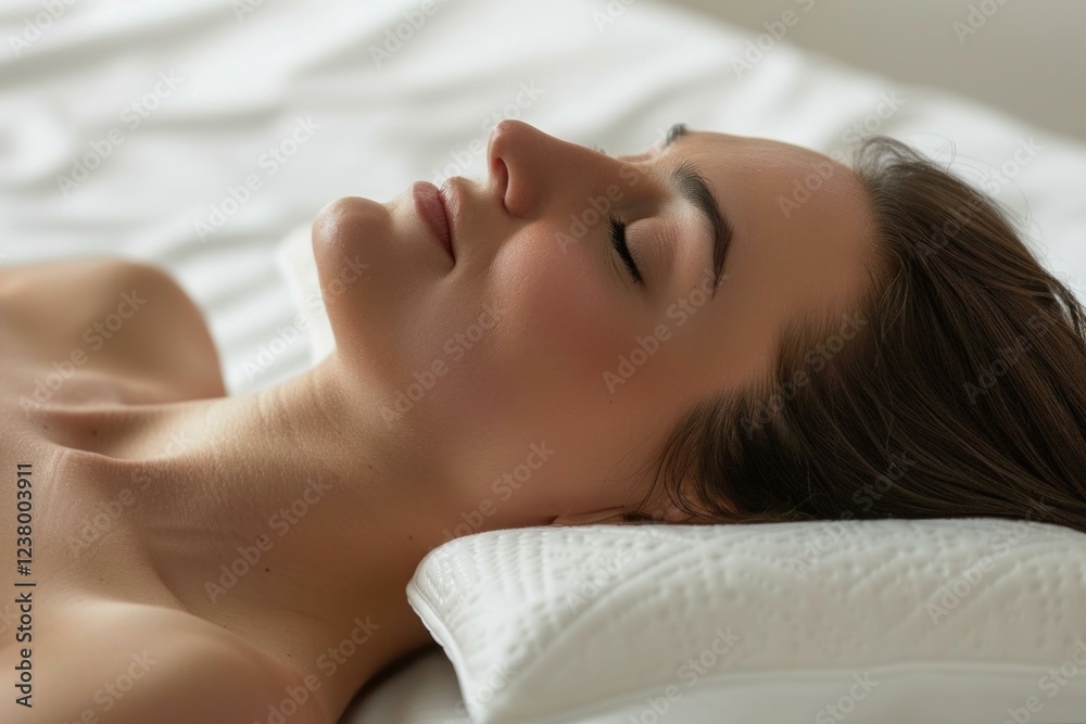 Young woman sleeping soundly on a soft pillow, experiencing a moment of tranquility and rest Young woman sleeping soundly on a soft pillow, experiencing a moment of tranquility and rest