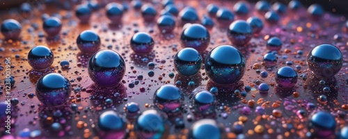 Iridescent liquid bubbles rise from a seemingly bottomless pit amidst a kaleidoscope of floating, colored spheres , iridescent bubbles, abstract visuals photo