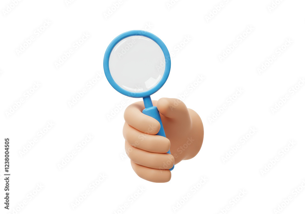 A 3D-rendered hand holding a magnifying glass with a blue handle, isolated on a white background A 3D-rendered hand holding a magnifying glass with a blue handle, isolated on a white background