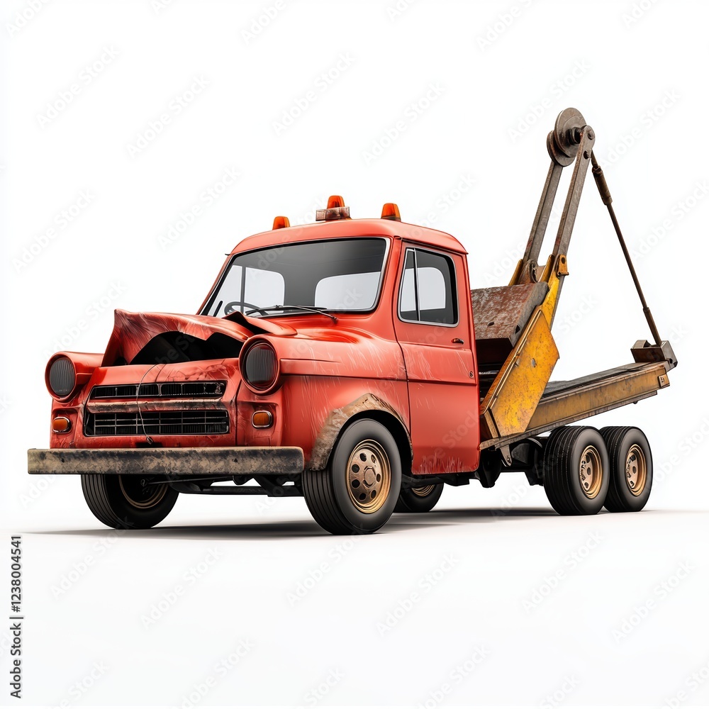 Damaged car being towed away by a tow truck, centered on a clean white background Damaged car being towed away by a tow truck, centered on a clean white background