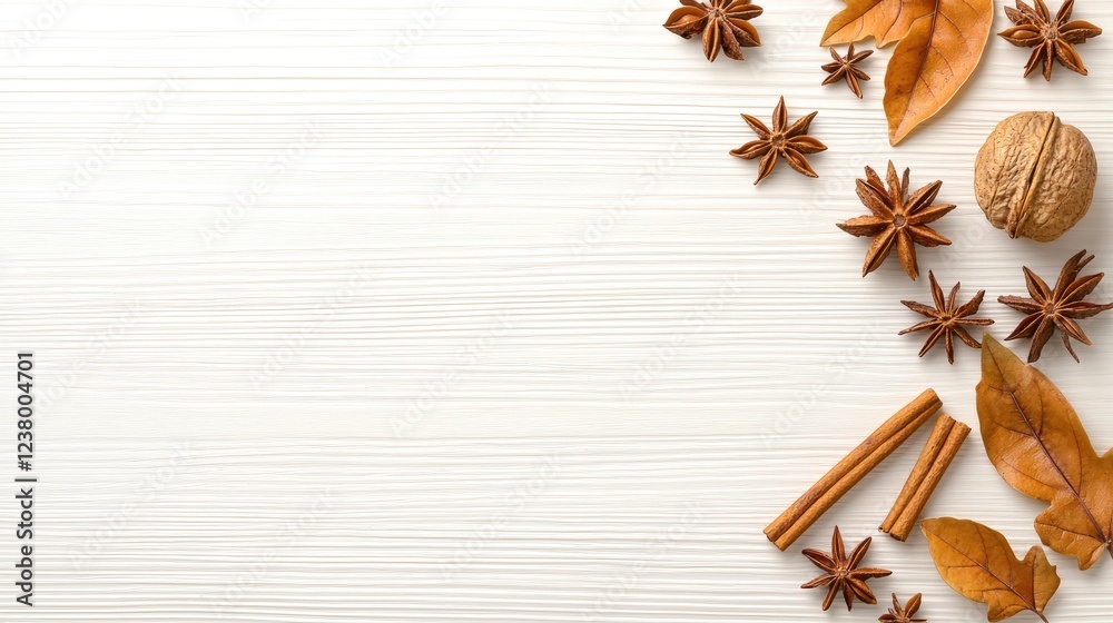 Autumn spices and nuts on white wood, copy space, fall background, recipe design Autumn spices and nuts on white wood, copy space, fall background, recipe design