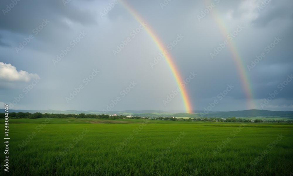 Vibrant double rainbow over green fields Vibrant double rainbow over green fields