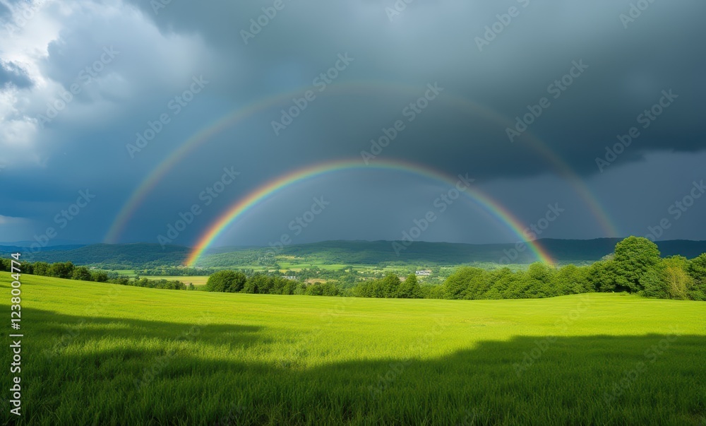 Vibrant double rainbow over green landscape Vibrant double rainbow over green landscape