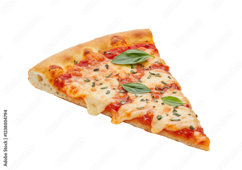 A single slice of pizza with melted cheese, tomato sauce, and herbs, showing a crispy crust, isolated on a white background A single slice of pizza with melted cheese, tomato sauce, and herbs, showing a crispy crust, isolated on a white background