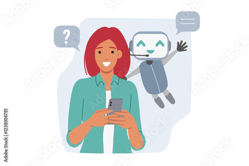 Chatbot helps woman through mobile application on phone, providing advice and technical support. Online chatbot for solving customer issues, equipped with artificial intelligence or ai technology