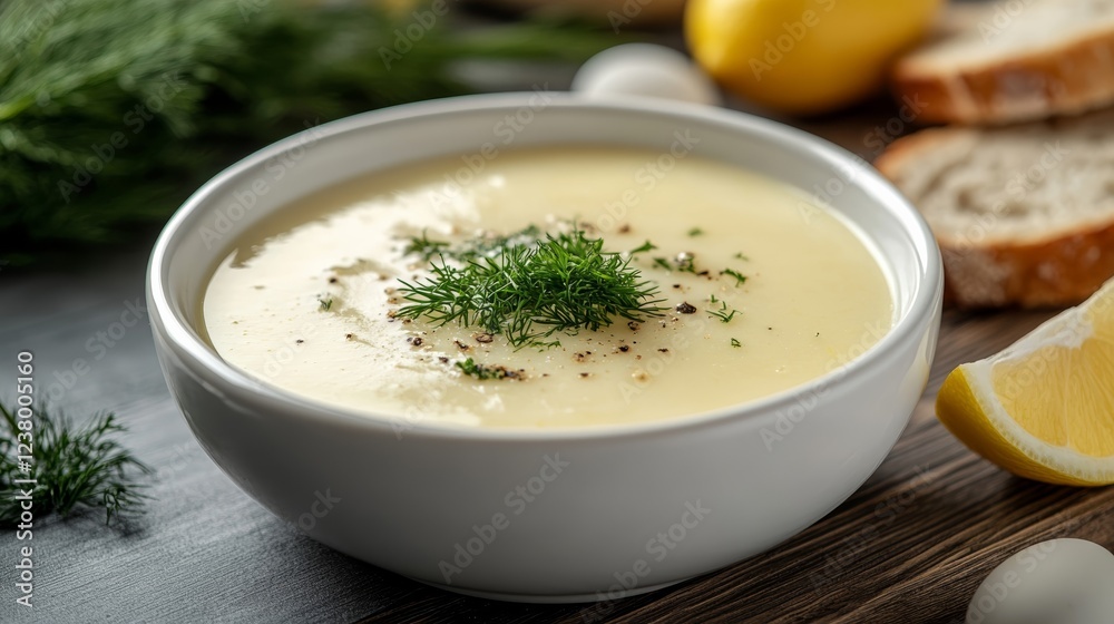 Elegant Bowl of magiritsa soup garnished with fresh dill and served with lemon wedges and crusty bread against a background of Easter decorations Elegant Bowl of magiritsa soup garnished with fresh dill and served with lemon wedges and crusty bread against a background of Easter decorations