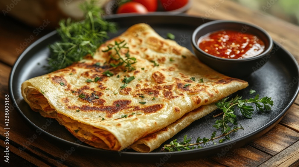 Deliciously Crispy Flatbread Served with Spicy Sauce and Fresh Herbs on a Rustic Wooden Table, Perfect for Enjoying with Friends and Family Deliciously Crispy Flatbread Served with Spicy Sauce and Fresh Herbs on a Rustic Wooden Table, Perfect for Enjoying with Friends and Family