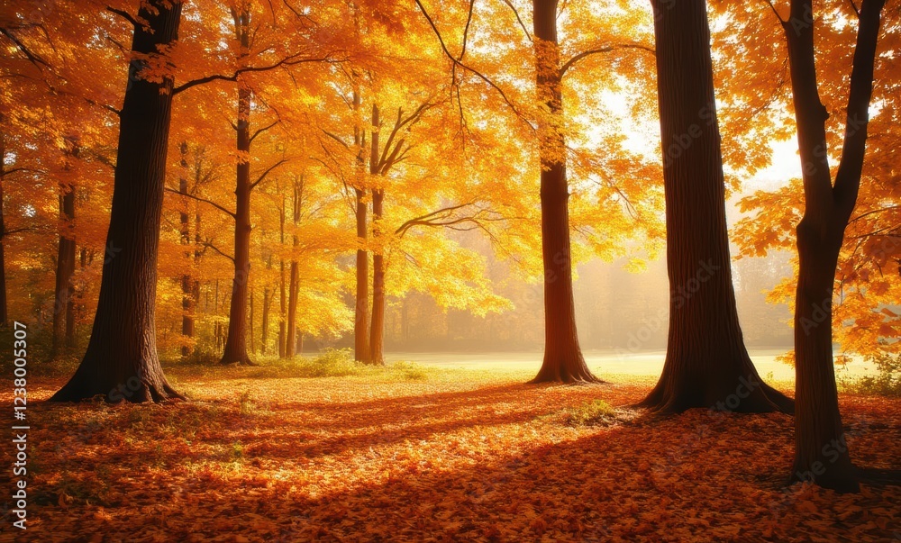Golden autumn trees in serene forest Golden autumn trees in serene forest