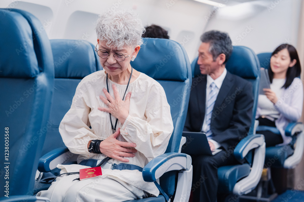 Obraz premium 飛行機の機内で体調不良に苦しむ高齢の女性