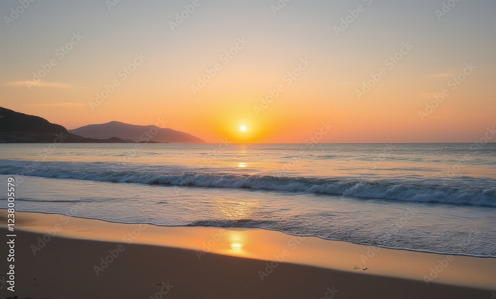 Serene sunset over a tranquil beach Serene sunset over a tranquil beach