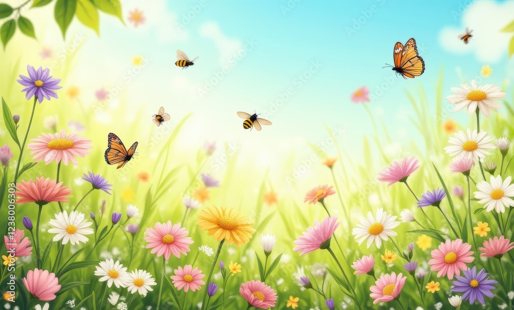 Colorful flowers and butterflies in spring Colorful flowers and butterflies in spring