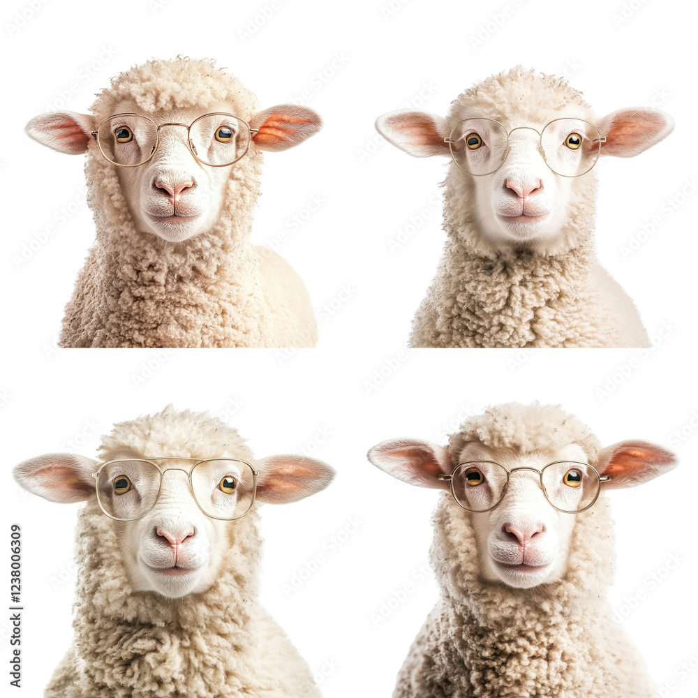 Obraz premium Sheep wearing glasses, isolated on a white background. Collection cutout png.