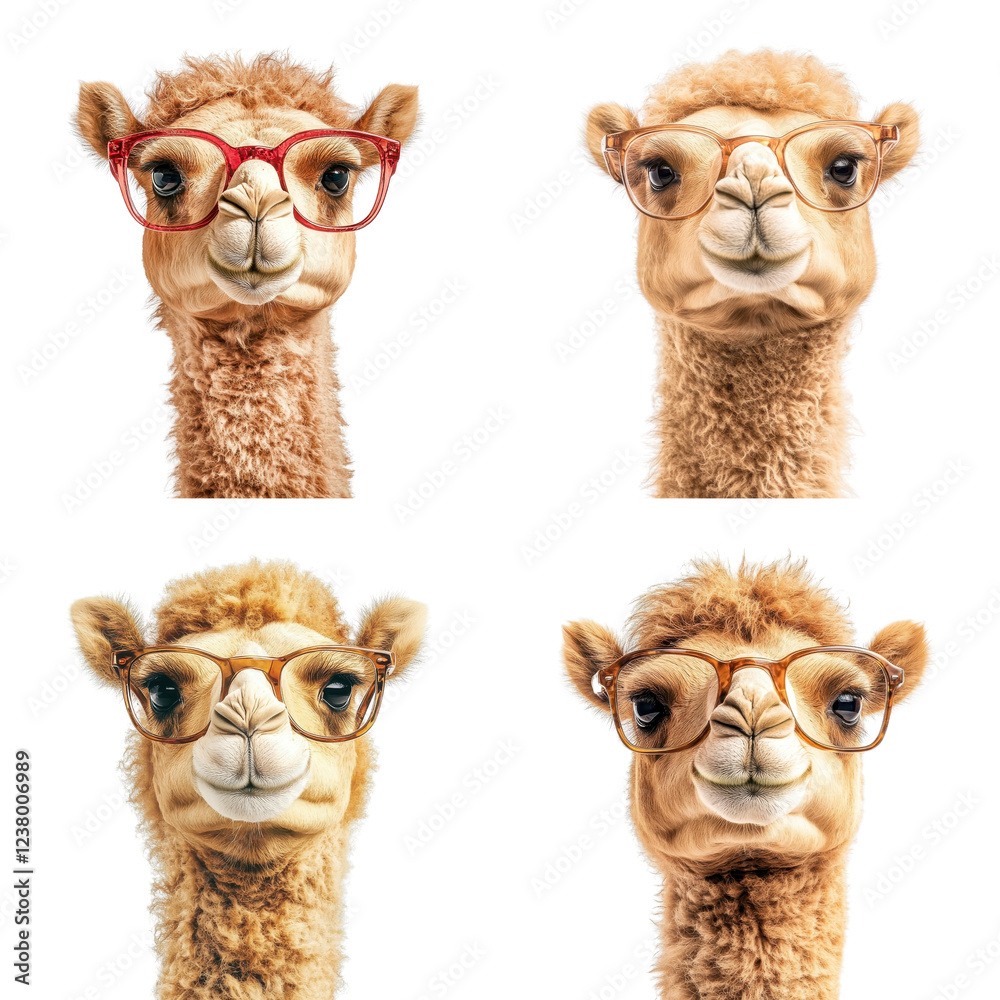 Fototapeta premium Camel wearing glasses, isolated on a white background. Collection cutout png.