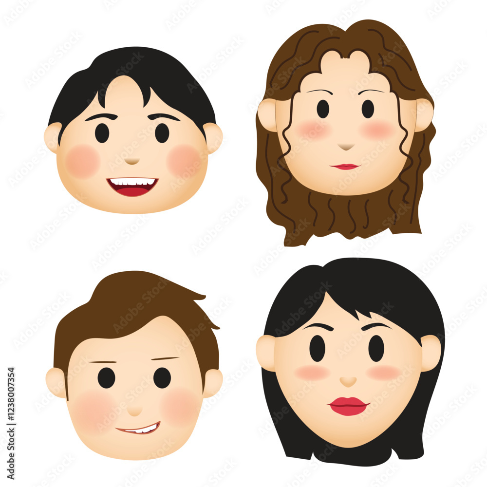 Young face avatars. men and woman character expression. Flat vector illustrations isolated on white background Young face avatars. men and woman character expression. Flat vector illustrations isolated on white background