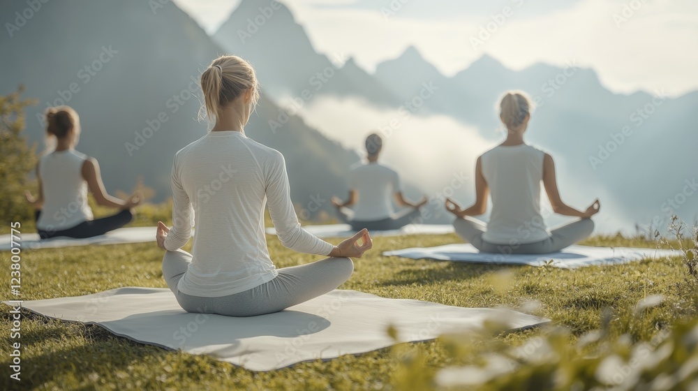 Elegant Group of people practicing yoga at sunrise on a grassy hilltop with a stunning mountain backdrop and golden light streaming through the clouds Elegant Group of people practicing yoga at sunrise on a grassy hilltop with a stunning mountain backdrop and golden light streaming through the clouds