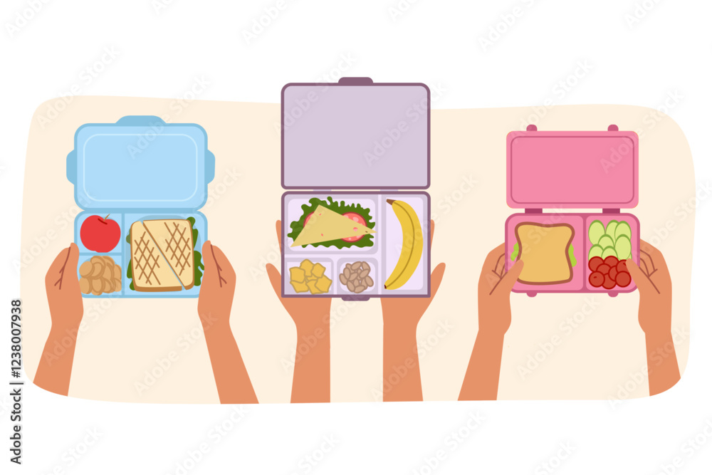 Lunch boxes with breakfast in hands of people eating sandwiches and fruits or vegetable salads. Lunch boxes for meals at work, to avoid fast food consumption that negatively affects health