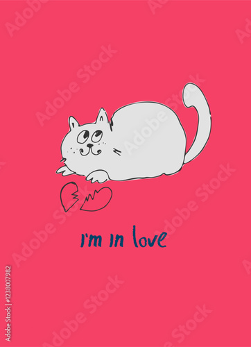 Card with hand drawn cat like a sketch. Vector element for greeting card, social media post. Love, Romance, Valentines Day concept photo