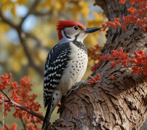 Ladderback woodpecker perched in Texas oak tree crotch with autumnal foliage, ladderback woodpecker, ornithology photo