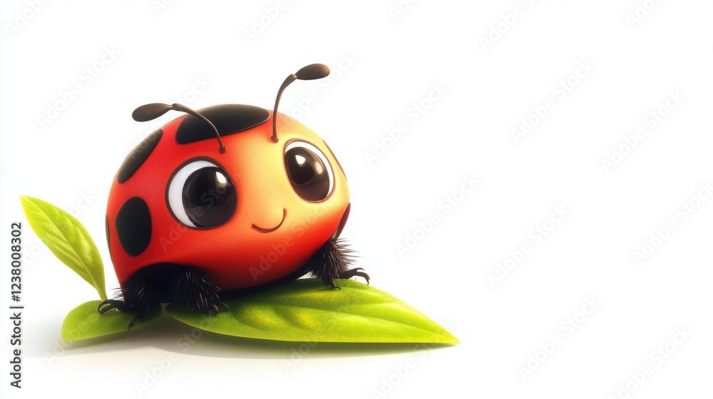 Fototapeta premium Cute ladybug sitting on a tiny leaf with a friendly expression, isolated on white
