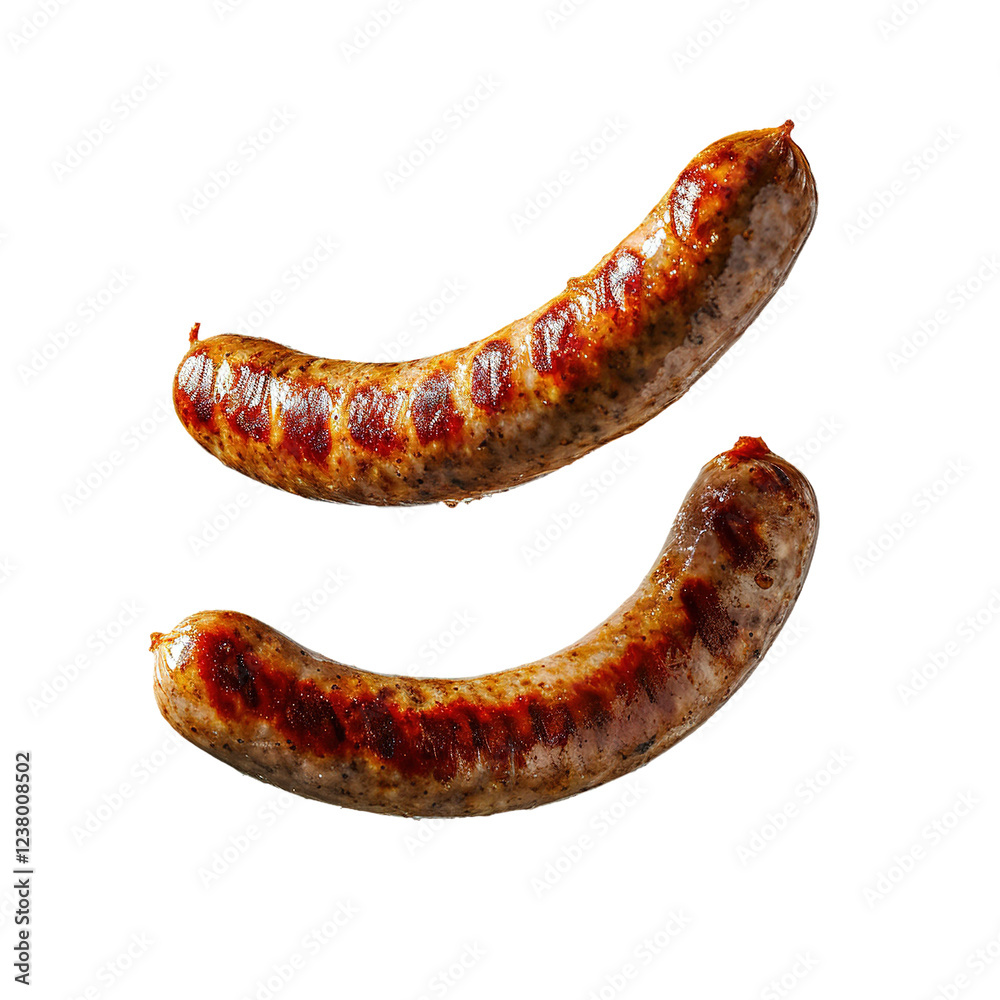 Sausages flying in the air, isolated on a white background. Professional mockup showcasing sausages in a dynamic, playful manner with an emphasis on motion. Sausages flying in the air, isolated on a white background. Professional mockup showcasing sausages in a dynamic, playful manner with an emphasis on motion.