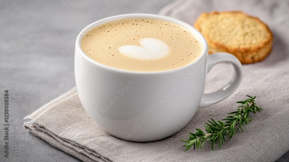 Elegant Italian espresso in a white demitasse cup featuring swan shaped latte art styled with a small biscotti and a sprig of rosemary Elegant Italian espresso in a white demitasse cup featuring swan shaped latte art styled with a small biscotti and a sprig of rosemary