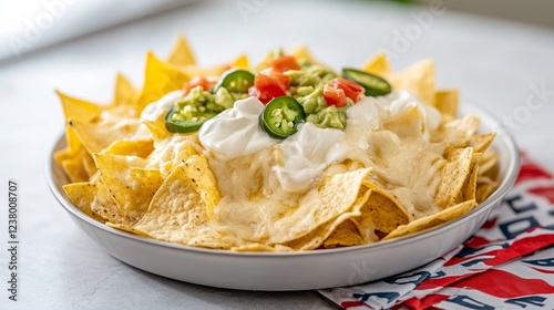 Elegant Loaded nachos topped with melted cheese jalapenos sour cream and guacamole served on a colorful tray with game themed napkins  photo