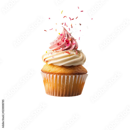 Cupcake flying in the air, capturing the essence of confectionery art, vibrant colors showcasing its texture; isolated on white background. photo