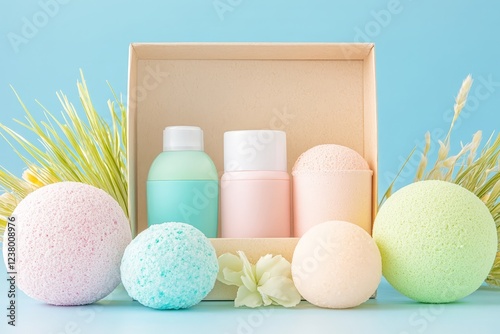 A pastel-themed spa gift set featuring bath bombs and skincare bottles in a wooden box, surrounded by dried plants on a blue background. photo