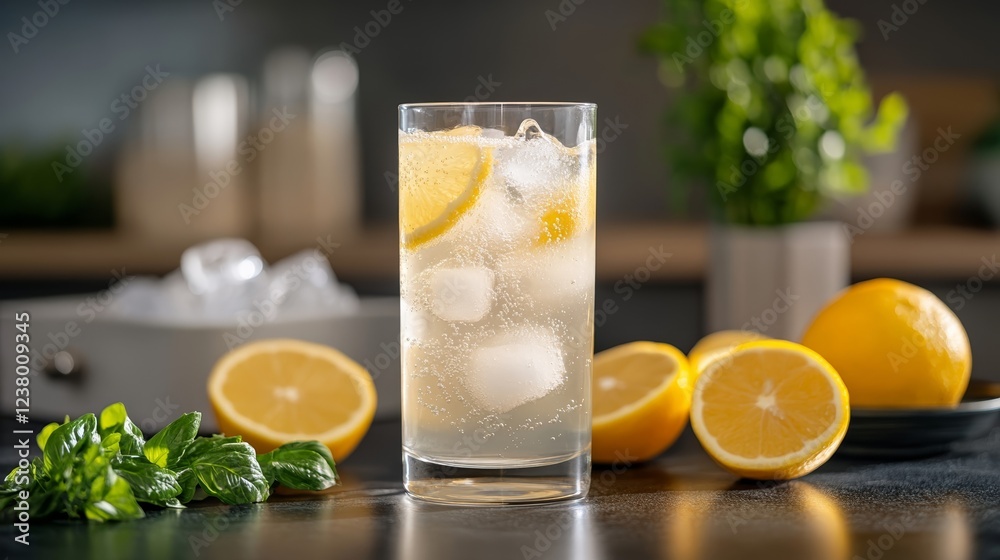 Elegant Modern soda siphon with a glass of freshly made sparkling water surrounded by citrus slices and ice on a sleek black countertop Elegant Modern soda siphon with a glass of freshly made sparkling water surrounded by citrus slices and ice on a sleek black countertop
