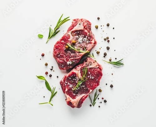 Two raw beef steaks seasoned with salt, peppercorns, and rosemary sprigs on a white background.
