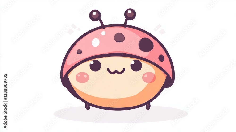 Fototapeta premium Kawaii ladybug with round cheeks, pastel colors, and tiny buzzing lines, isolated on white