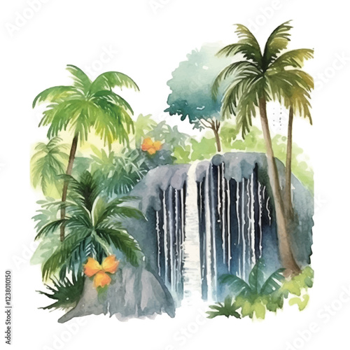 watercolors A sparkling waterfall in a lush jungle illustration 