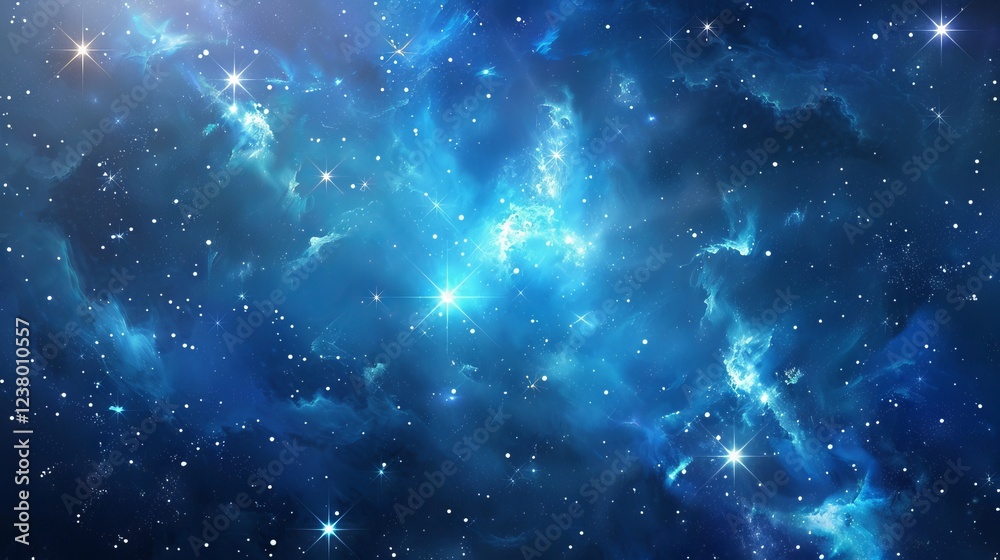 Fototapeta premium Luminous cosmic watercolor background with swirling blue nebulae, dreamy starry undertones, and ethereal space-inspired brushstrokes