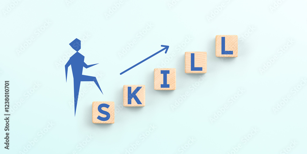 SKILL words on wooden cubes with arrows pointing up. Education. Upskilling and personal development concept