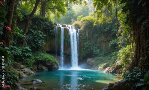 Serene waterfall in lush green forest