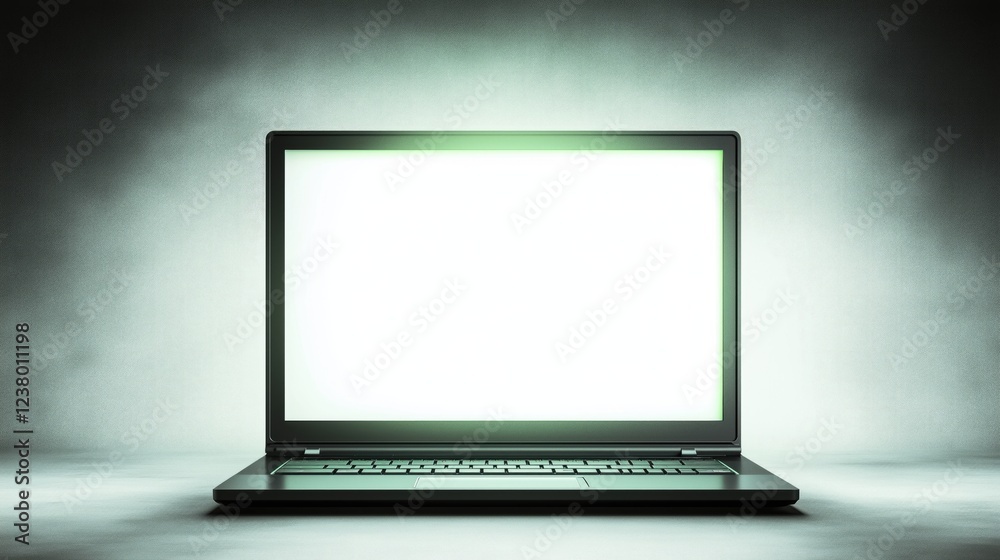 A laptop with a white screen on a grey background. A notebook with a blank display A laptop with a white screen on a grey background. A notebook with a blank display