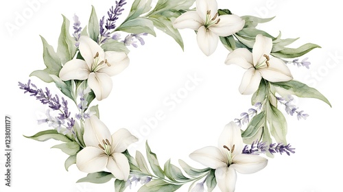 Elegant watercolor wreath of lilies and lavender flowers