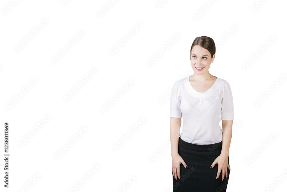 Smiling woman in a white shirt andskirt, standing isolated on a white background. Professional pose, concept of confidence and positivity Smiling woman in a white shirt andskirt, standing isolated on a white background. Professional pose, concept of confidence and positivity