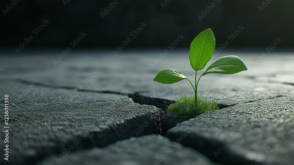 small green plant sprouting from cracks of asphalt, growth and strength business concept small green plant sprouting from cracks of asphalt, growth and strength business concept