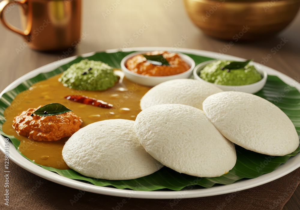 Traditional South Indian Idli Sambar with Green and Red Chutney, a Classic Breakfast Delight Traditional South Indian Idli Sambar with Green and Red Chutney, a Classic Breakfast Delight