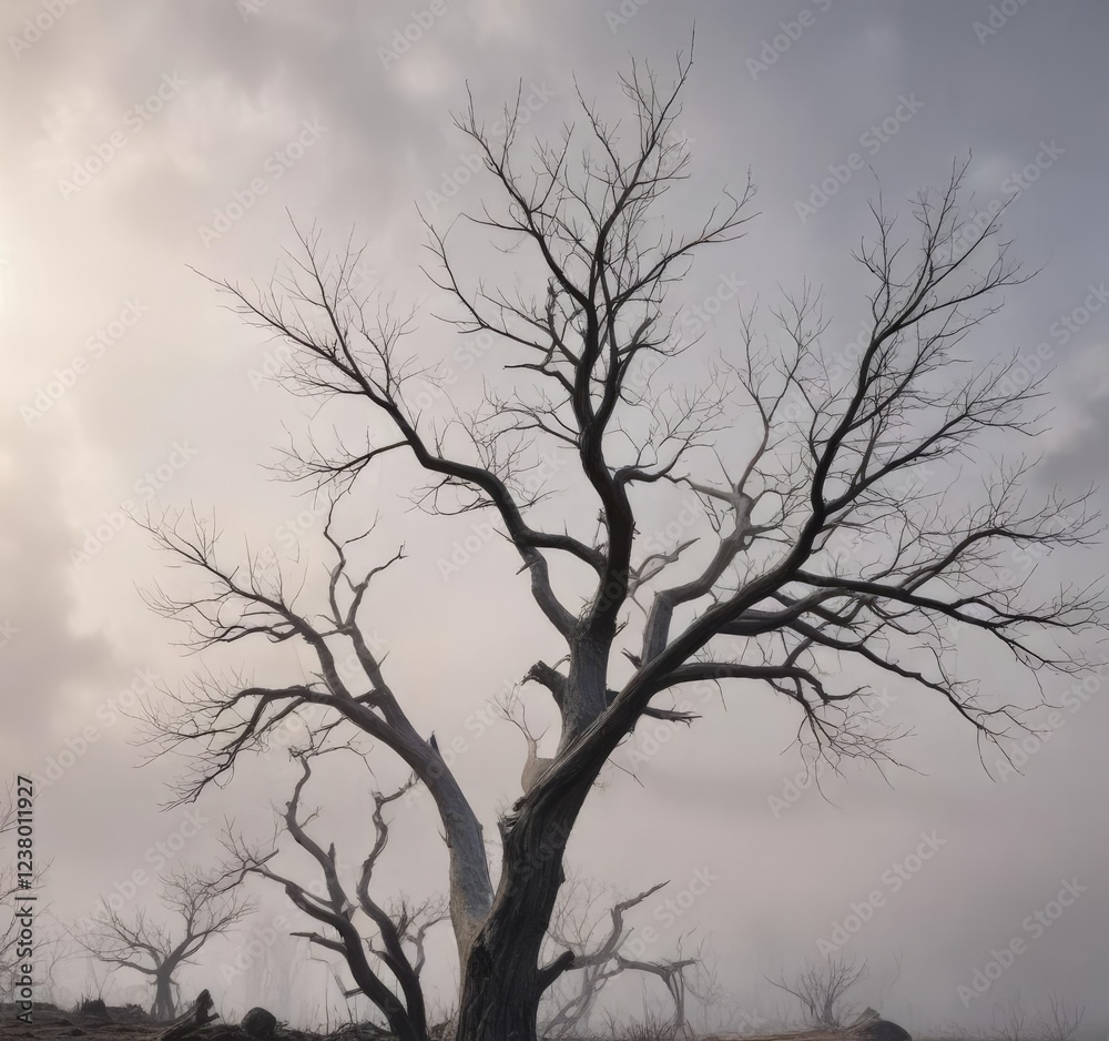 Leafless branches of a desiccated tree against a hazy sky, environmental degradation, climate change effects