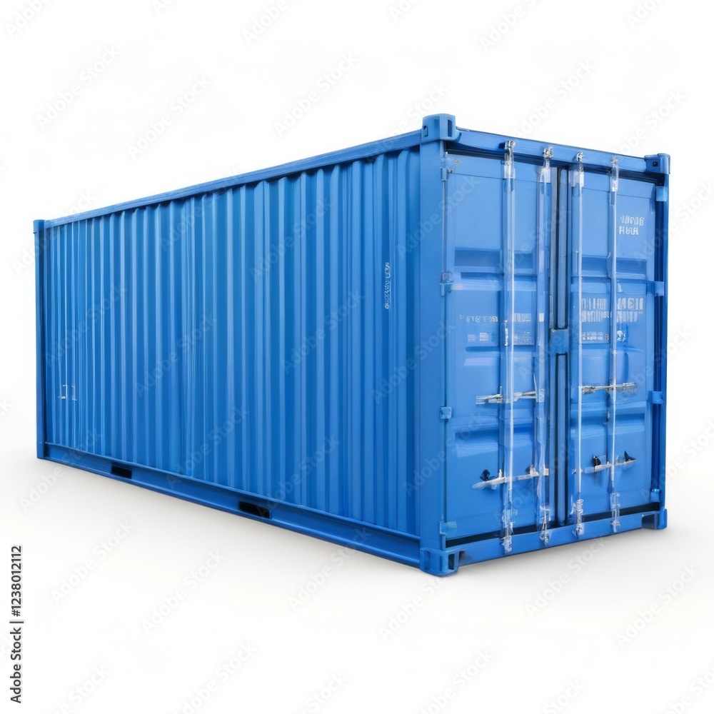Blue Metal Shipping Container with Corrugated Texture, Two Doors and Label, Empty Standing Upright on White Background Blue Metal Shipping Container with Corrugated Texture, Two Doors and Label, Empty Standing Upright on White Background