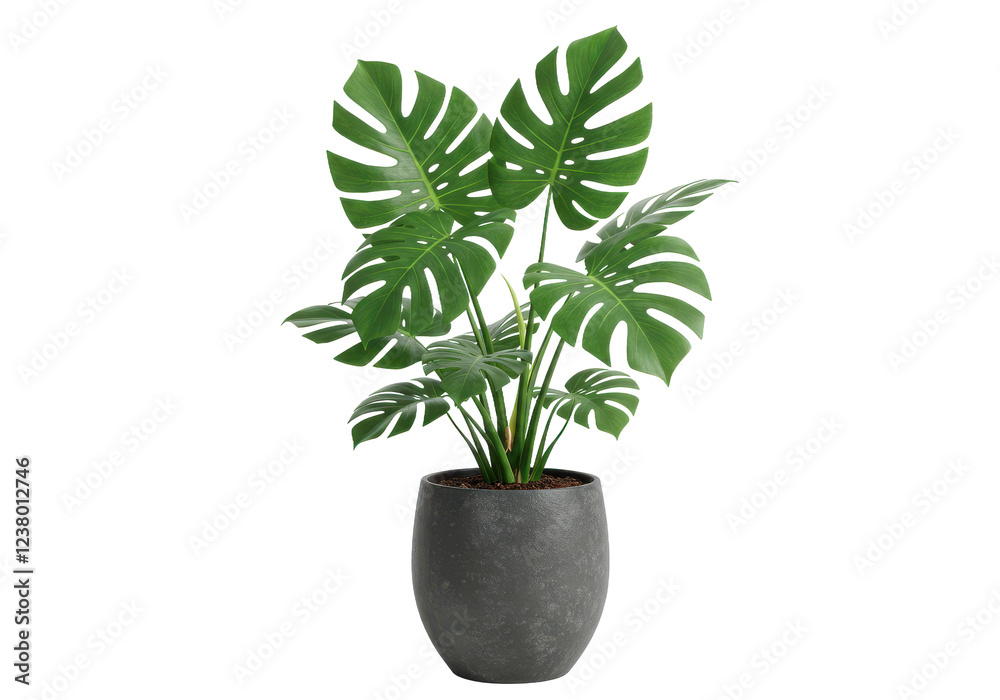Fototapeta premium A monstera plant with large, vibrant green leaves in a textured dark gray pot, isolated on a white background