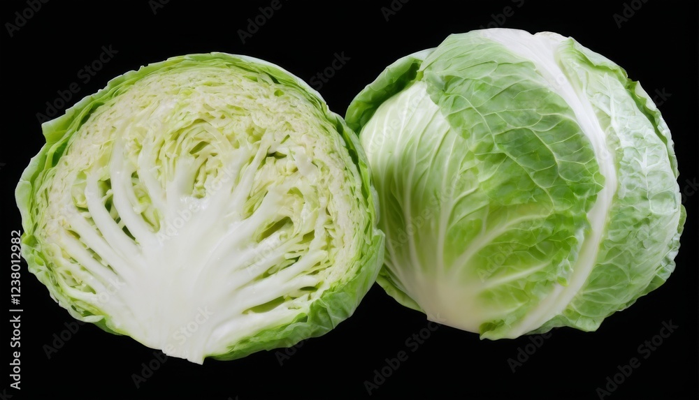 Obraz premium Split cabbage head with fresh white outer layers and light green wrinkled inner layers on black background.