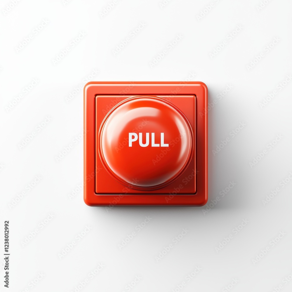 Emergency fire alarm button on a wall with â?˜PULLâ??? written on it, placed on a bright white background
