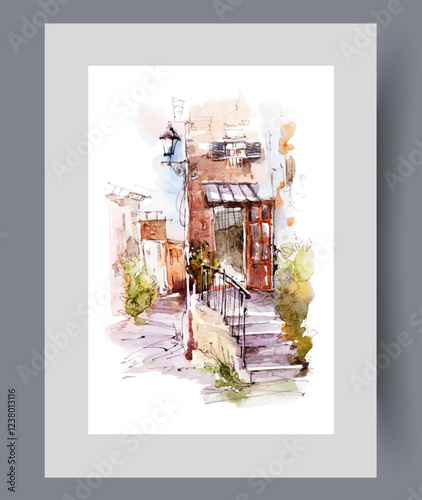 Porch of low-rise residential building on streets of European city on wall art. Watercolor artwork. Poster with entrance to house located in city near narrow roads, in frame with decor for print