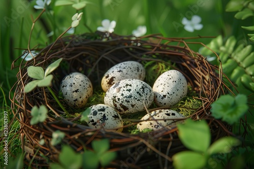 Quail eggs resting in a bird's nest nestled among vibrant green grass and delicate white flowers
