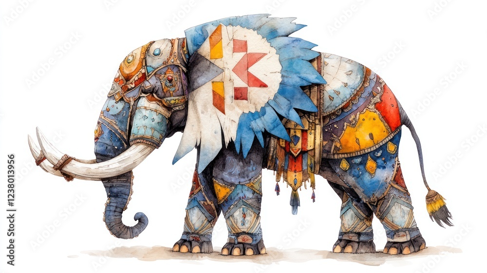 Obraz premium Fantasy Ornate Elephant in Watercolor with Brown Skin Isolated on White Background